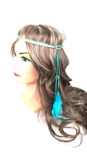 Diadema el&aacute;stica con plumas Turquesa (1 ud)