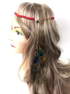 Diadema trenzada burdeos con plumas de pavo real (1 ud)