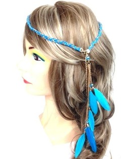 Diadema trenzada estilo Ibiza con plumas Turquesa (1 ud)