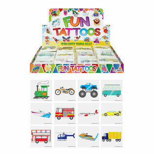 TATUAJES DIVERTIDOS - MODELO: VEHÍCULOS, Cada paquete 12x Tatuajes EN EXPOSITOR (48 uds.)